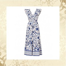 Adrianna Papell 6 Blue White Floral Ruffle Smocked Midi Dress Cotton AD3D105775