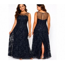 Adrianna Papell Gown Women 6 Midnight Blue Corded Floral Embroidery Illusion New
