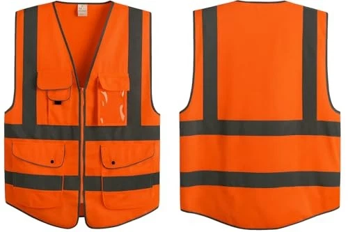 High Visibility Safety Vest Class 2, Reflective Neon Orange, 9 Pockets ANSI image 2