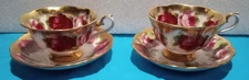 Vtg 2 ROYAL ALBERT HEAVY GOLD Old English Rose TEA CUPS & SAUCERS Treasure Chest