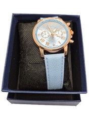Ladies blue analogue quartz watch with faux leather strap - shock resistant