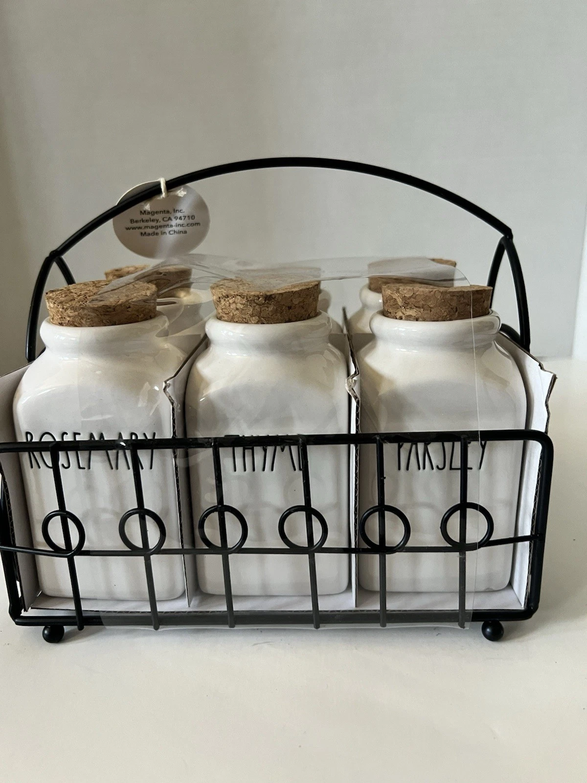 Rae Dunn Artisan Collection Spice Rack Set of 6 Jars w/ Cork Lids Metal Rack NEW