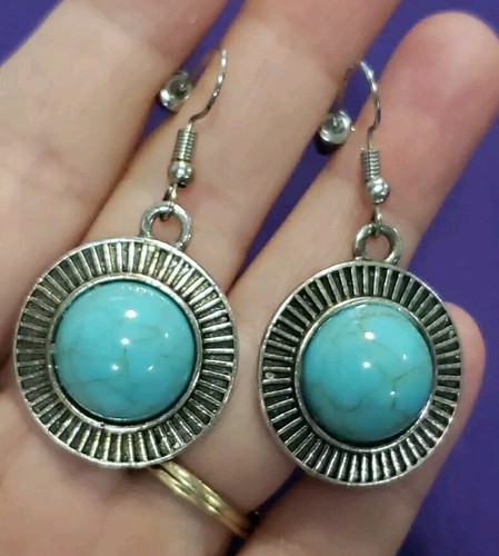 Round Boho Southwest Style Dangle Earrings, Silver Tone And Faux Turquoise