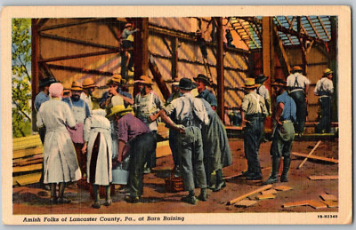1941 Amish Barn Raising Lancaster County PA Unposted Linen Curt Teich Postcard