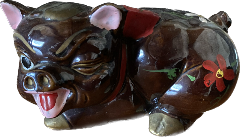VINTAGE 50's JAPAN HAND PAINTED RED CLAY PIGGY BANK WITH ORIGINAL