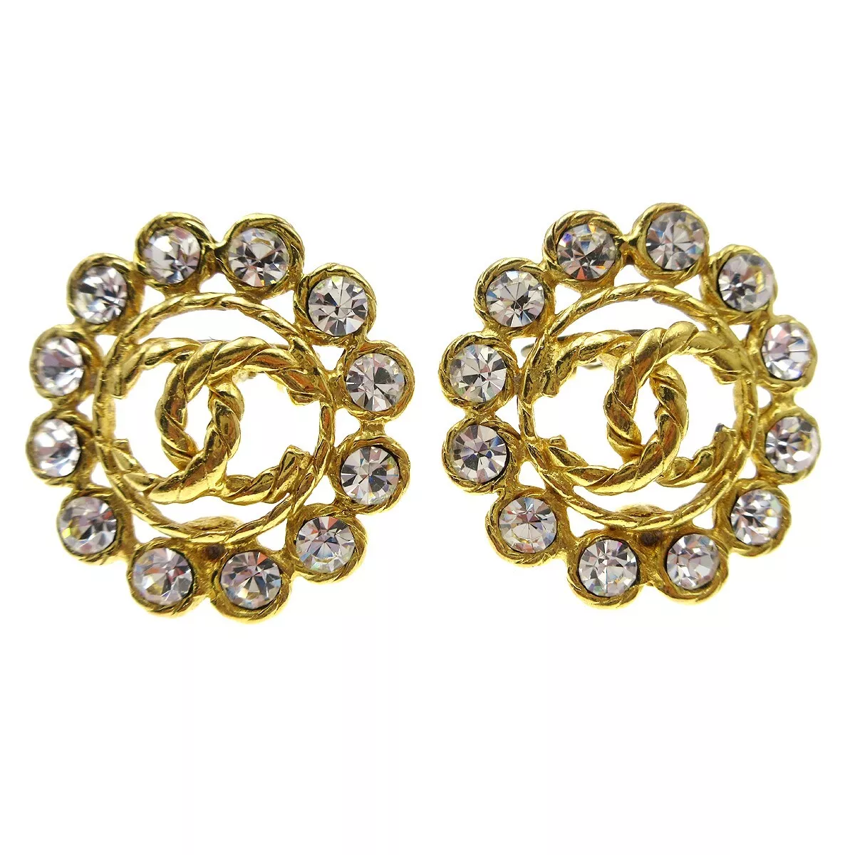 Chanel Button Motif Rhinestone Earrings Clip-On Gold-plated 29 68015