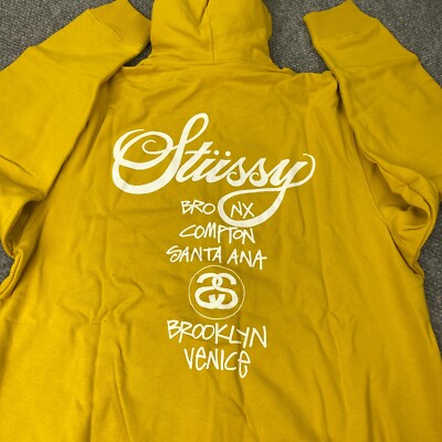 Stussy World Tour Zip Hoodie Mens XL Honey Yellow Sweatshirt NWT