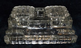 Antique pressed glass double inkwell and pen holder w. sliding lids