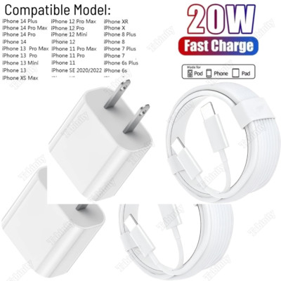 PD Fast Charger Cord 20W USB-C Power Adapter Block For iPhone 14 13 12 11 XR X 8