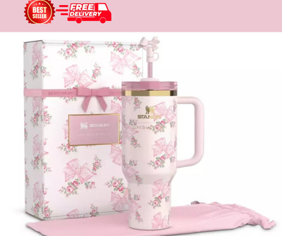 Stanley X LoveShackFancy Quencher-Ribbon Rosa 40OZ White Tumbler Car Cup New2025