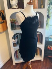 Wild Womens Vintage Black Velvet Feather Mini Dress Sz S 90s Baddie Y2K Coquette