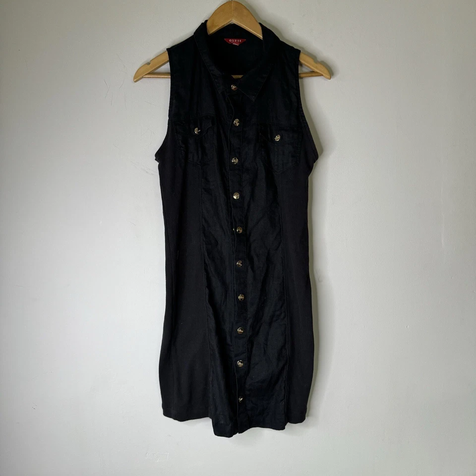 Vestido recto de lino negro GUESS de colección logotipo dorado broches de presión elástico caprichoso Y2K años 90 L Foto 3 de 4