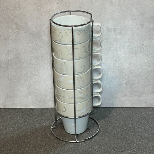 6 Next Stackable Mugs in Chrome Holder | Cream/Ivory | Bird & Cage Design - Picture 1 of 11