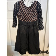 Eliza J Black Polka Dot Mesh Fit and Flare Cocktail Dress 3/4 Sleeve Size 4