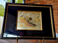 signed Japanese Chokin art Framed picture mandarin ducks and flowering branches