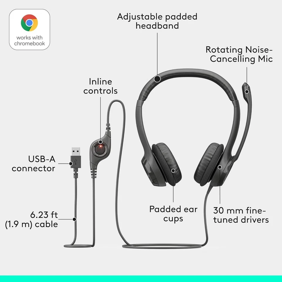 Logitech H390 Wired Headset Noise Cancelling Mic USB-A Works With Chromebook - Image 4 of 4