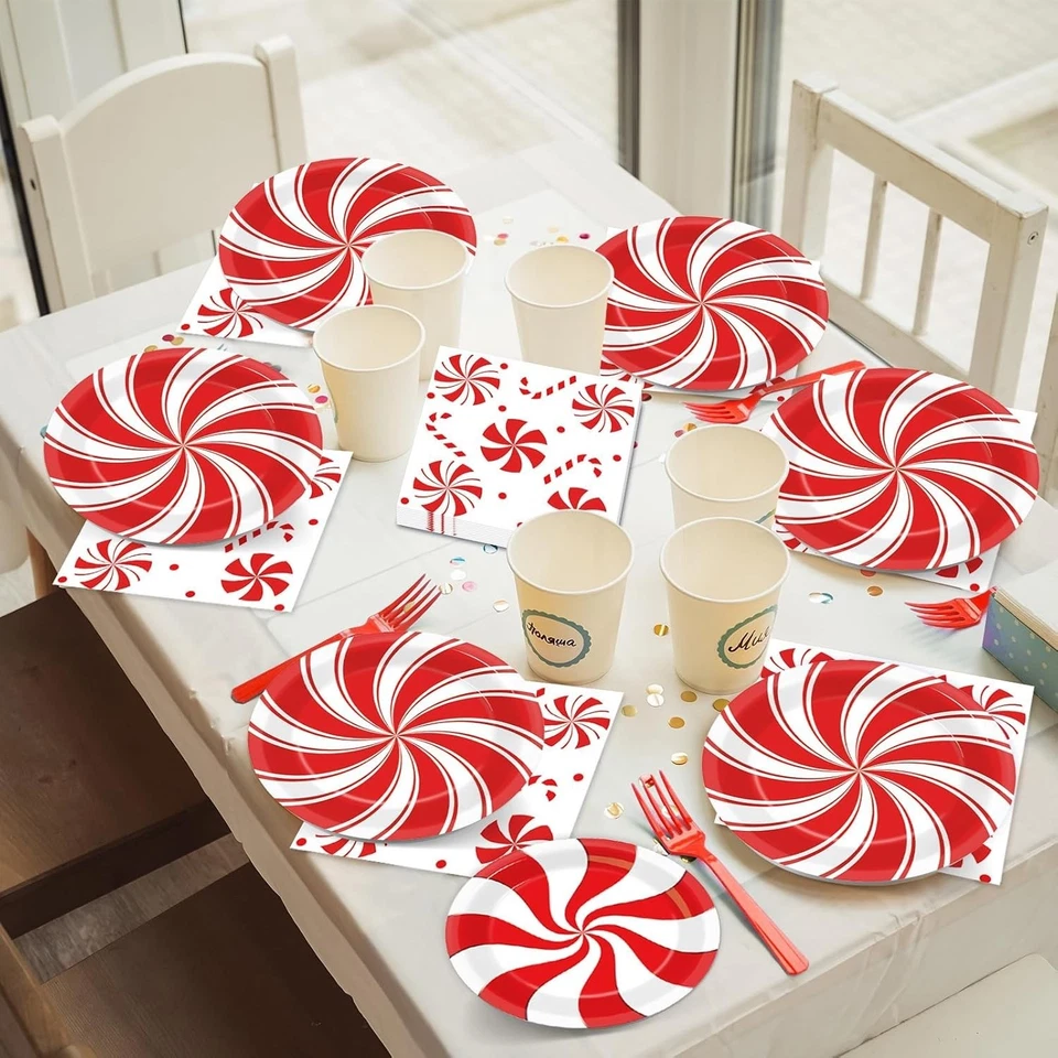 Juego de vajilla 96 platos de papel de caramelo de menta de Navidad suministros de fiesta aprox. Foto 3 de 4