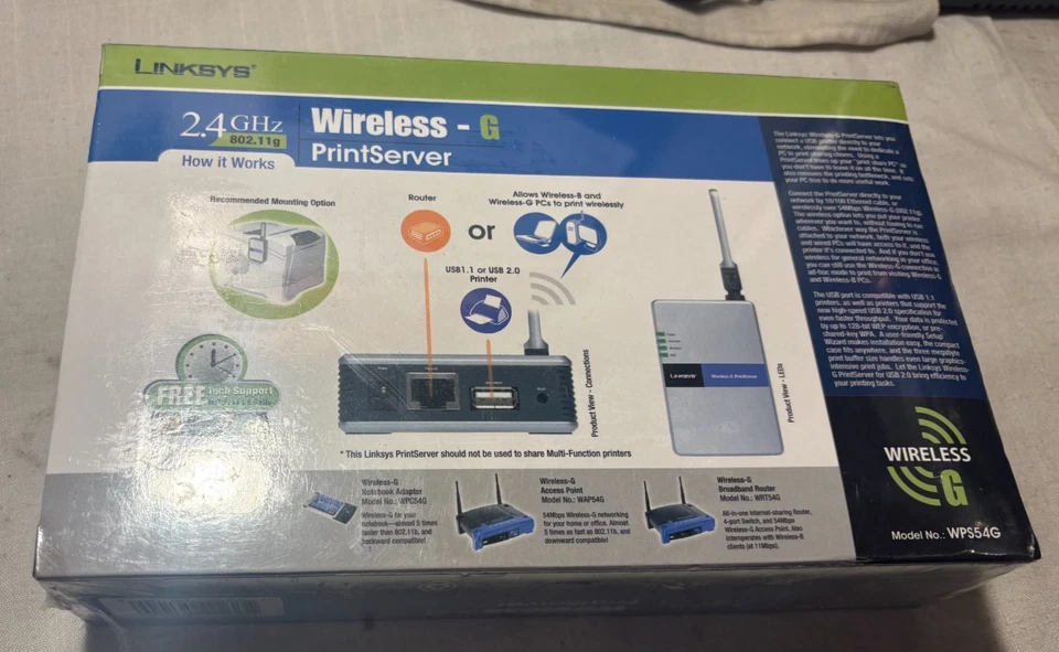 Linksys Wireless-G PrintServer USB 1.1 or 2.0 WPS54G 2.4GHz 802.11g NEW - Image 2 of 4