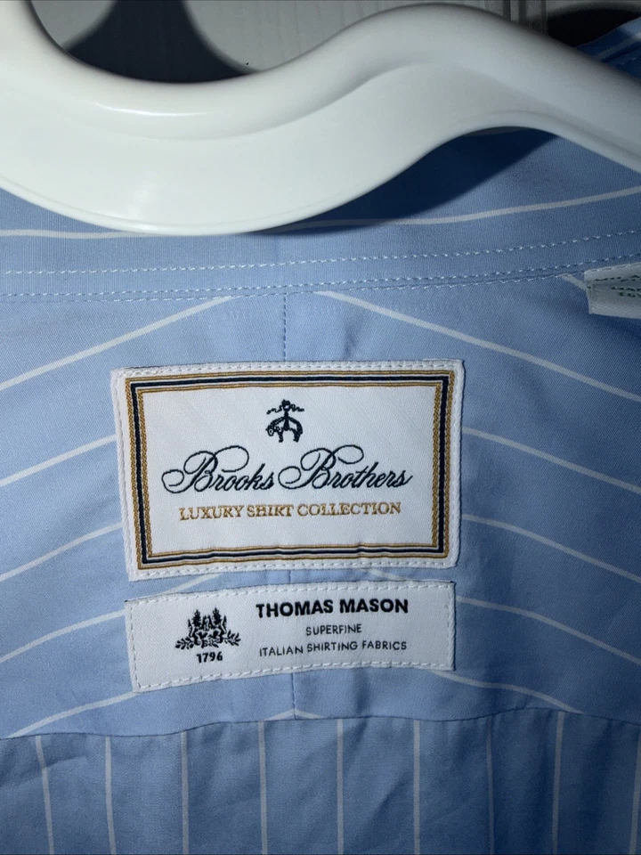 Camisa de vestir Brooks Brothers Thomas Mason 15,5/33 azul a rayas manga larga nueva con etiquetas Foto 2 de 4