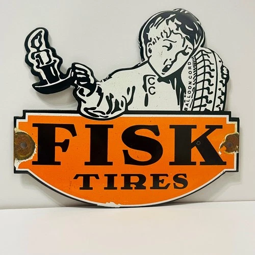Fisk Tire Porcelain Enamel Gas Car Truck Classic Vintage Sign 8.5" x 7.5"