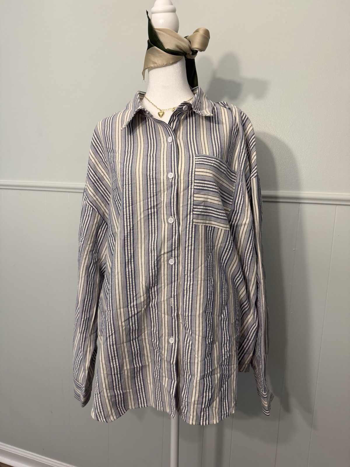 MASSA Blue/White Striped Long Sleeve Button-Up Shirt 2XL Woven Polyester