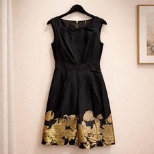 Elie Tahari Black Gold Floral Boat Neck Sleeveless Fit & Flare Dress IT 38