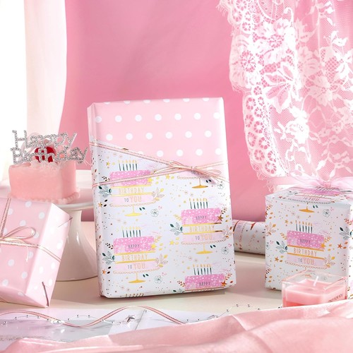 Reversible Wrapping Paper Roll, Pink & White Dots Metallic Foil Gift Wrap for... - Picture 5 of 7
