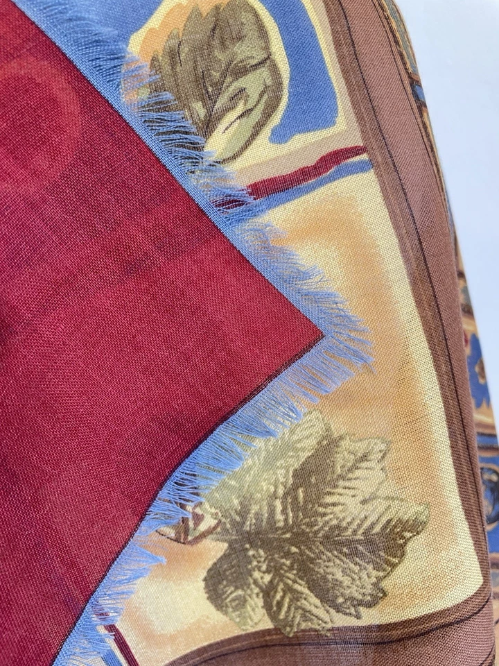 Y8# Longchamp Paris Wool Silk Scarf Square Italy Floral Fruit Tile Print Vintage - Image 4 of 4