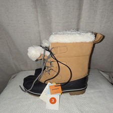 Girls' Tan Black Faux Fur Lined Snow Boots Lace Up Size 3 Winter Outdoor
