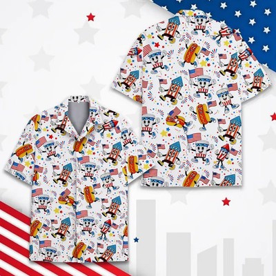 Patriotic Food Funny Hot Dog Fireworks Aloha Summer Vacation Hawaiian Shirt