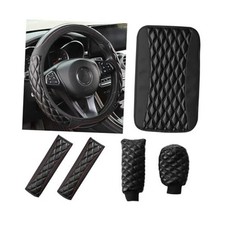 Car Accessories Set, Leather Vehicle Steering Wheel Seat Belt Shoulder Black