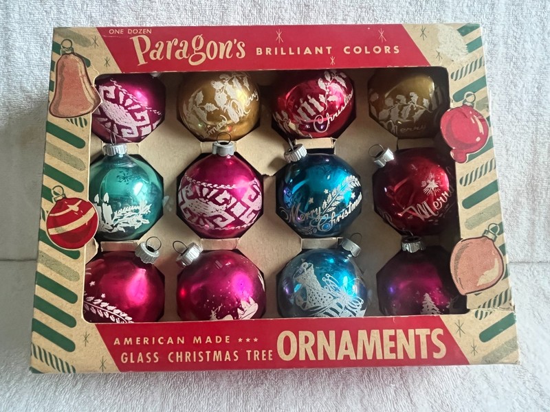 VINTAGE BOX 12 SHINY BRITE MERCURY GLASS STENCIL GLITTERED 2.25" TREE ORNAMENTS