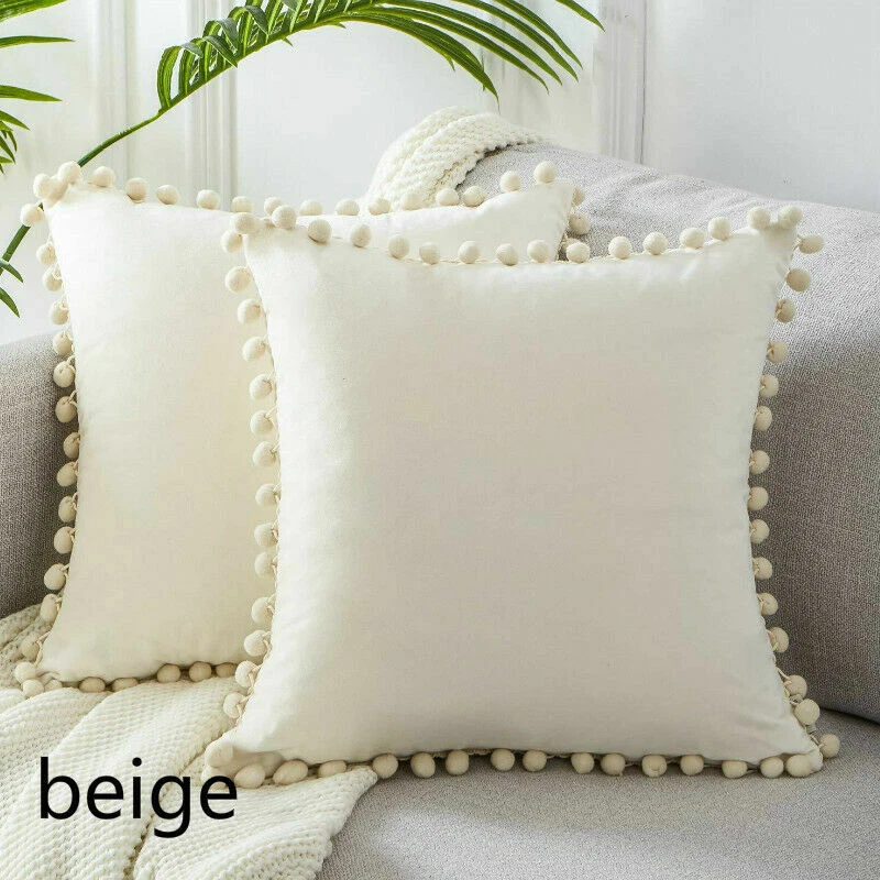 2pcs Throw Sofa Pillow Case Cover Cushion Velvet Velour Home Decor Pom Pom - Image 3 of 4
