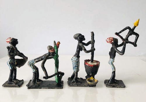 Vntg Folk Art Akan Ashanti African Tribal People Figurines 4 Hand Painted  - Afbeelding 3 van 4