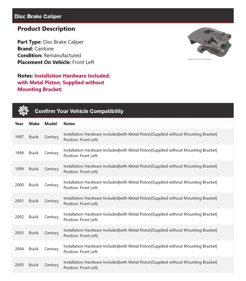 Pinza de freno de disco delantera izquierda cardone 1998 1999 2000 para Buick Century 1997-2005 Foto 2 de 4