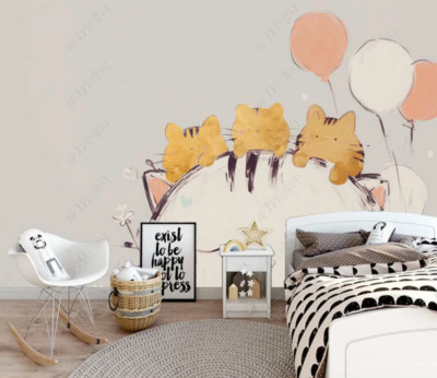 3D Cartoon Cat Balloon Kids Self-adhesive Removeable Wallpaper Wall Mural