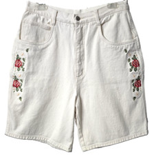 Bill Blass Embroidered Denim Shorts 14 High Rise Mom Rose White Jean Vintage 90s