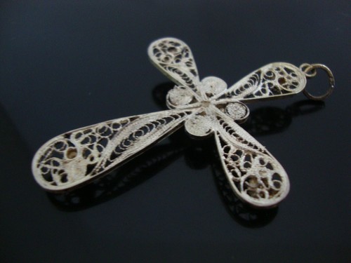Antique Superb Large 800 Silver Filigree Red Cabochon Cross Pendant - Picture 6 of 11
