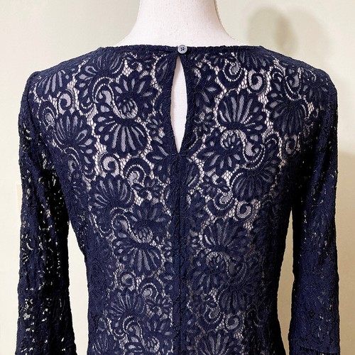 Loft Lace Top S Navy Blue Floral Bell Sleeve Sheer - Picture 5 of 9