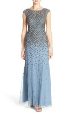 NWT Adrianna Papell Embellished Mesh Mermaid Gown Dusty Blue Grey SZ 8 N464