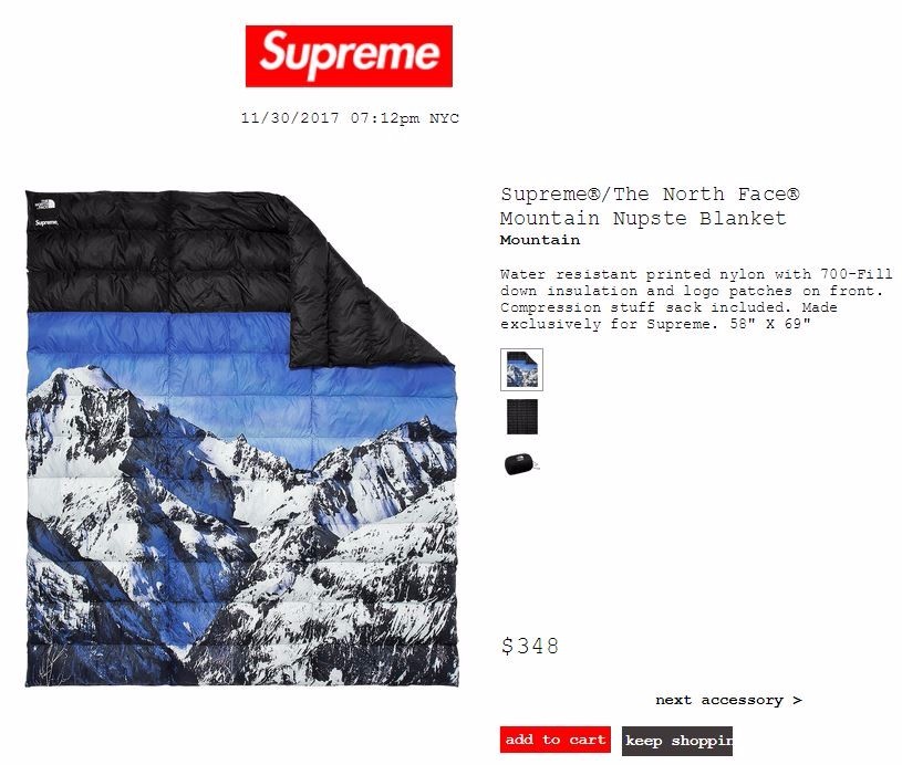 supreme x the north face mountain nuptse blanket WITH STICKERS
