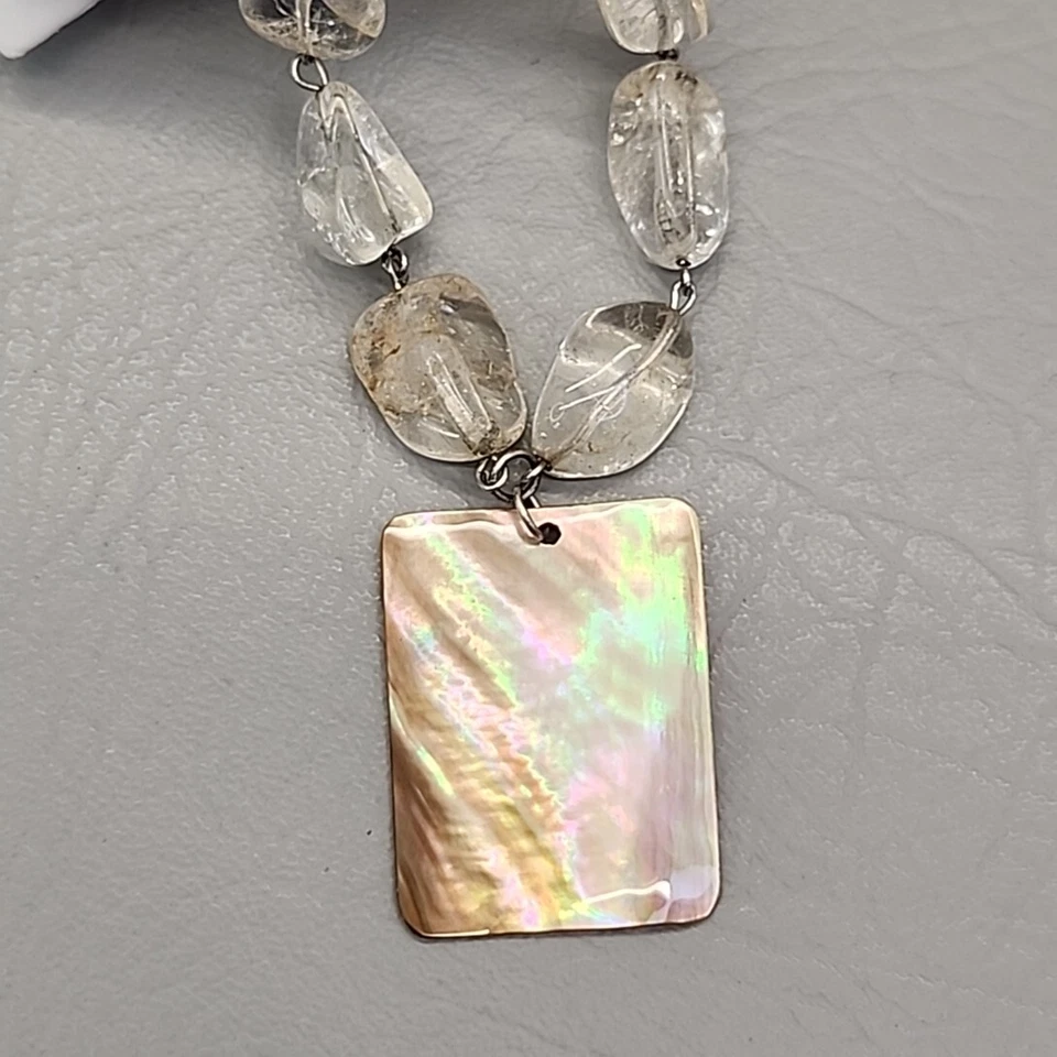 Beaded Quartz Necklace Shell Pendant Clear Natural Rock Crystal Nuggets 18" - Image 4 of 4