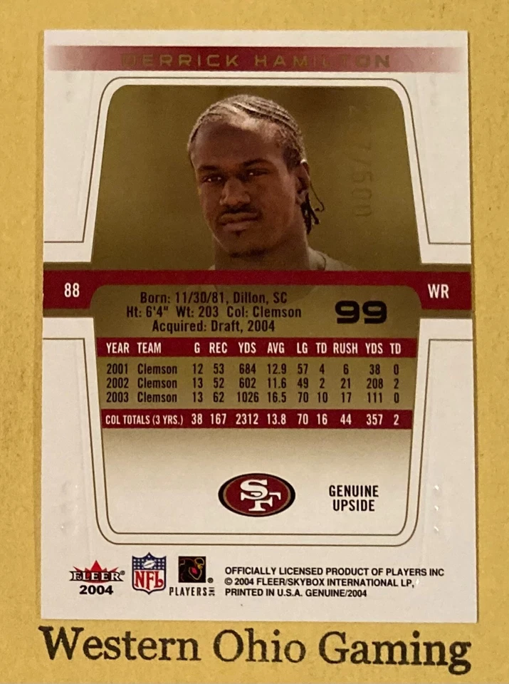 2004 Fleer Genuine Derrick Hamilton #99 Rookie Genuine Upside #257/500 MADE - Image 2 of 2