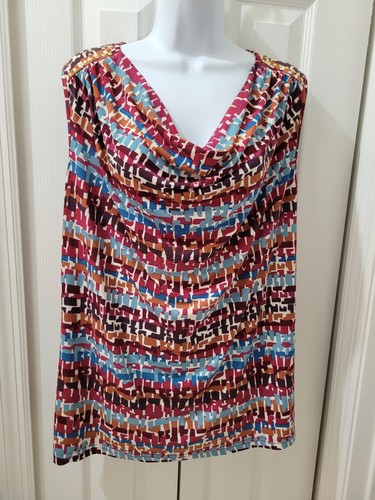 Russell Kemp Sleeveless Top Stretch Cowl Neck Gold Beads Brown Blue | Large