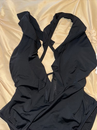 Bar III Black Deep Plunge Ruffle Neck One Piece Maillot Size XL Swimsuit NWT $88 - Picture 6 of 7