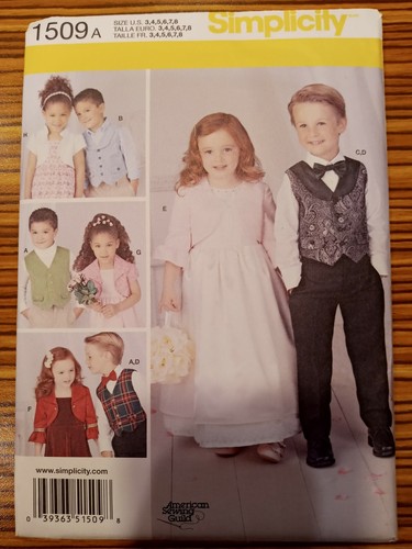 1509 SIMPLICITY Sewing Pattern Girls Boys Vest Bolero Bowtie Formal SZ 3-8 uncut - Picture 2 of 7