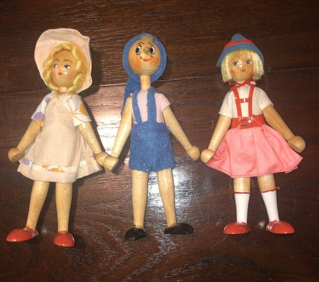 3 Vintage Antique Original Wooden Poland Dolls Detailed Adorable Lot