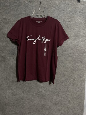 Tommy Hilfiger T-shirt Womens Size Small Spell Out Crew Neck Burgundy New 