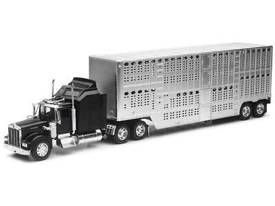 KENWORTH W900 TRUCK BLACK W/LIVESTOCK TRAILER 1/32 DIECAST BY NEW