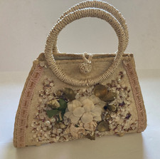 Vtg 50s 60s Raffia Handbag Shells Floral Woven Straw Purse, Made In Japan